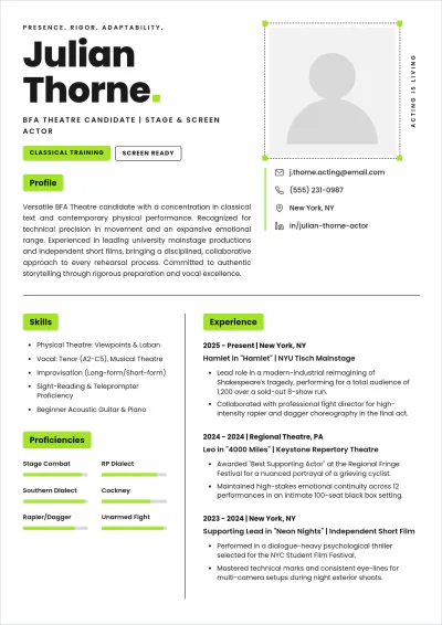 Free Student Acting ATS Resume Template, AI Resume Builder