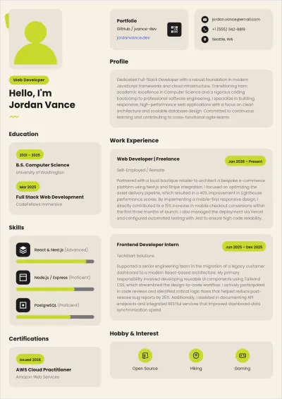 Free ATS Resume for Web Developer with No Experience Template