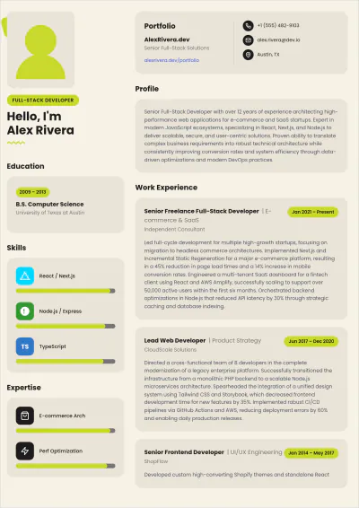 Free Freelance Web Developer ATS Resume Template, AI Resume Builder