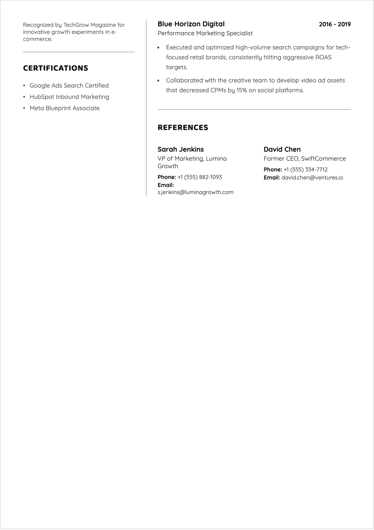 Free Digital Marketing Consultant ATS Resume Template
