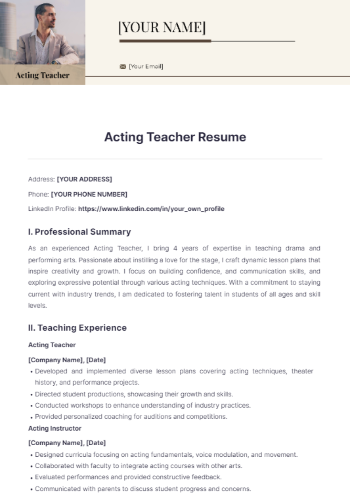 Acting Teacher Resume - Edit Online & Download