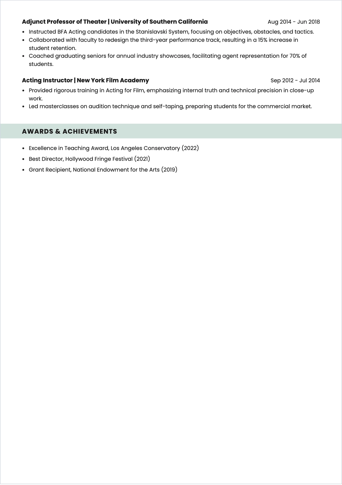 Free Acting Teacher ATS Resume Template, AI Resume Builder