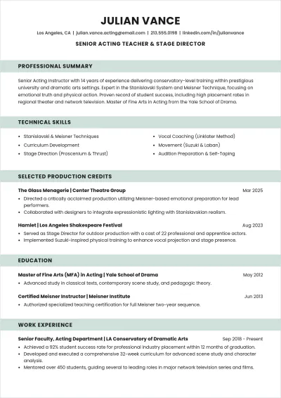 Free Acting Teacher ATS Resume Template, AI Resume Builder