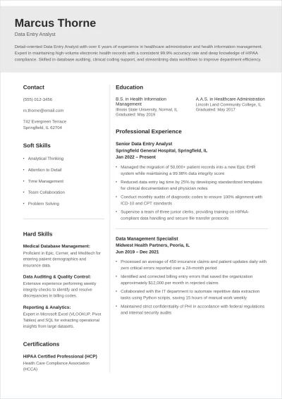 Free Data Entry Analyst ATS Resume Template, AI Resume Builder