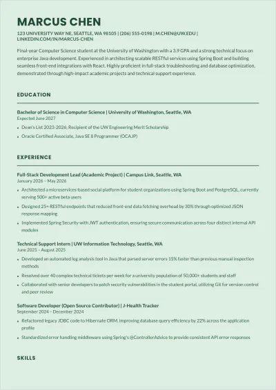 Free Java Web Developer Internship ATS Resume Template