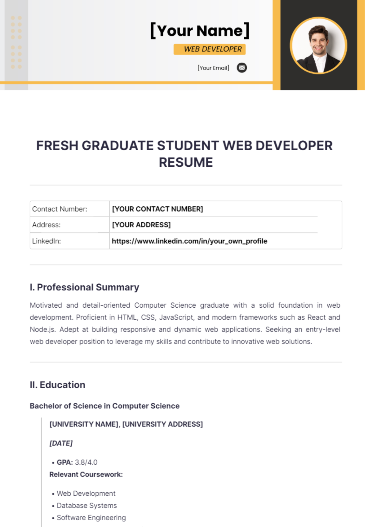 Fresh Graduate Student Web Developer Resume - Edit Online & Download