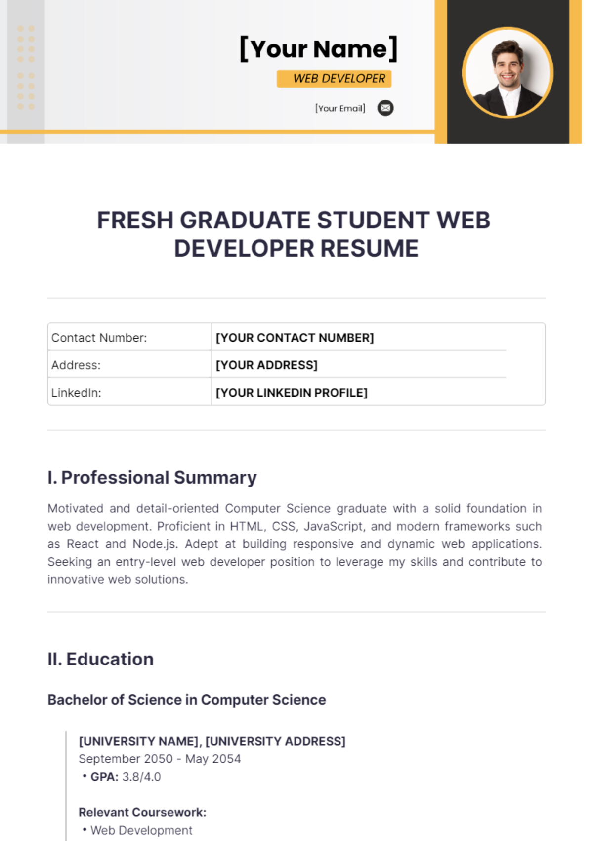 Fresh Graduate Student Web Developer Resume - Edit Online & Download ...