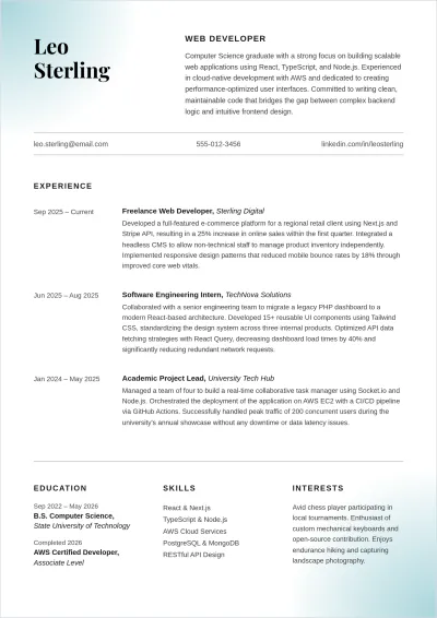 Free Fresh Graduate Student Web Developer ATS Resume Template