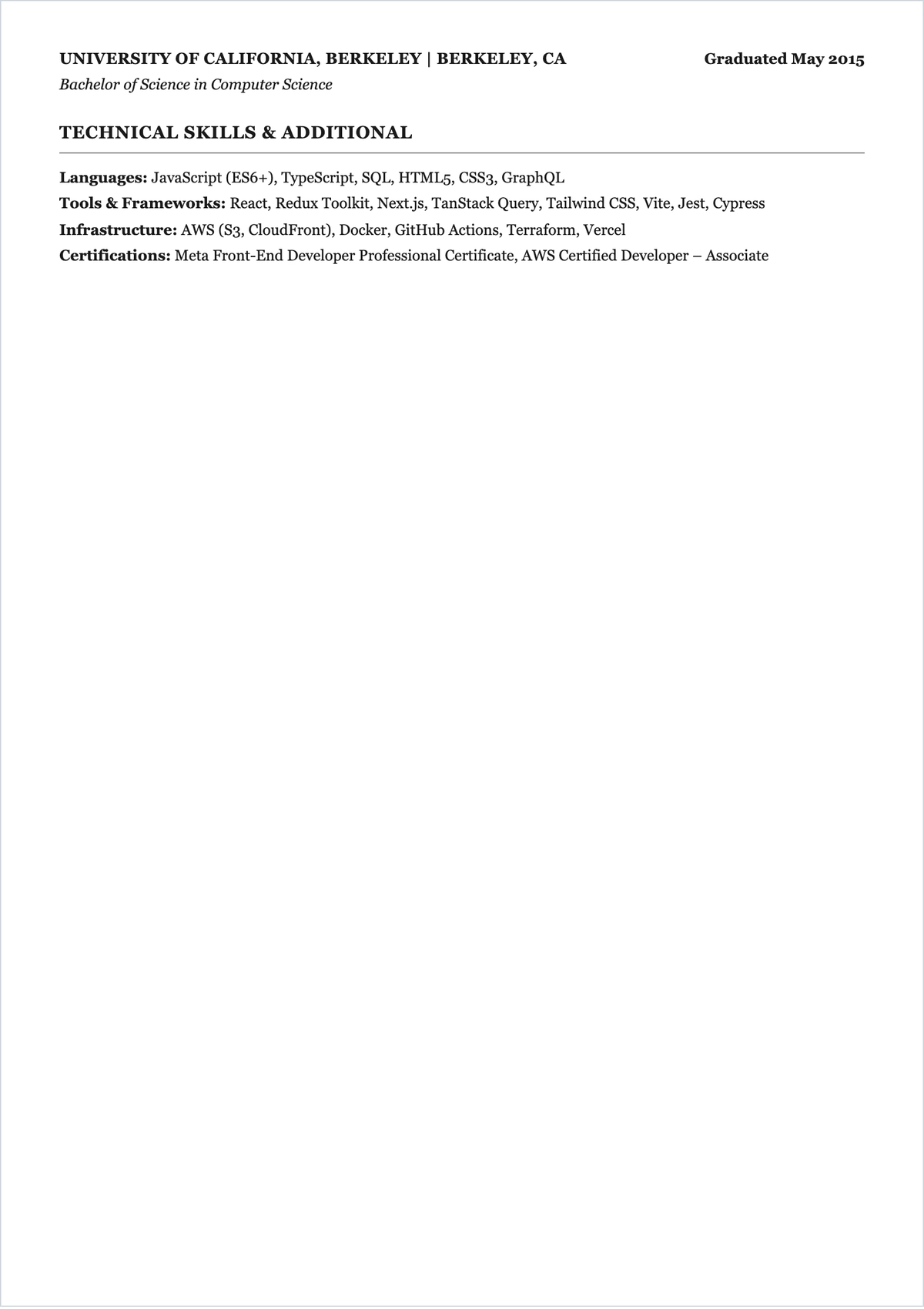 Free React JS Web Developer ATS Resume Template, AI Resume Builder