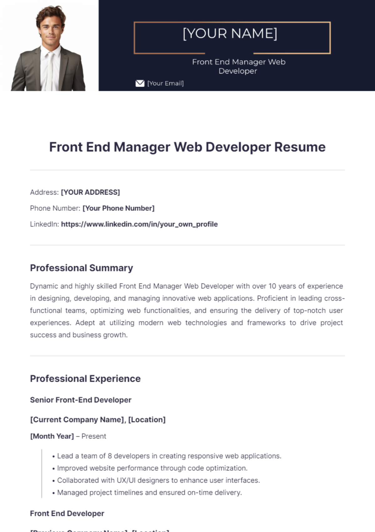 Front End Manager Web Developer Resume - Edit Online & Download