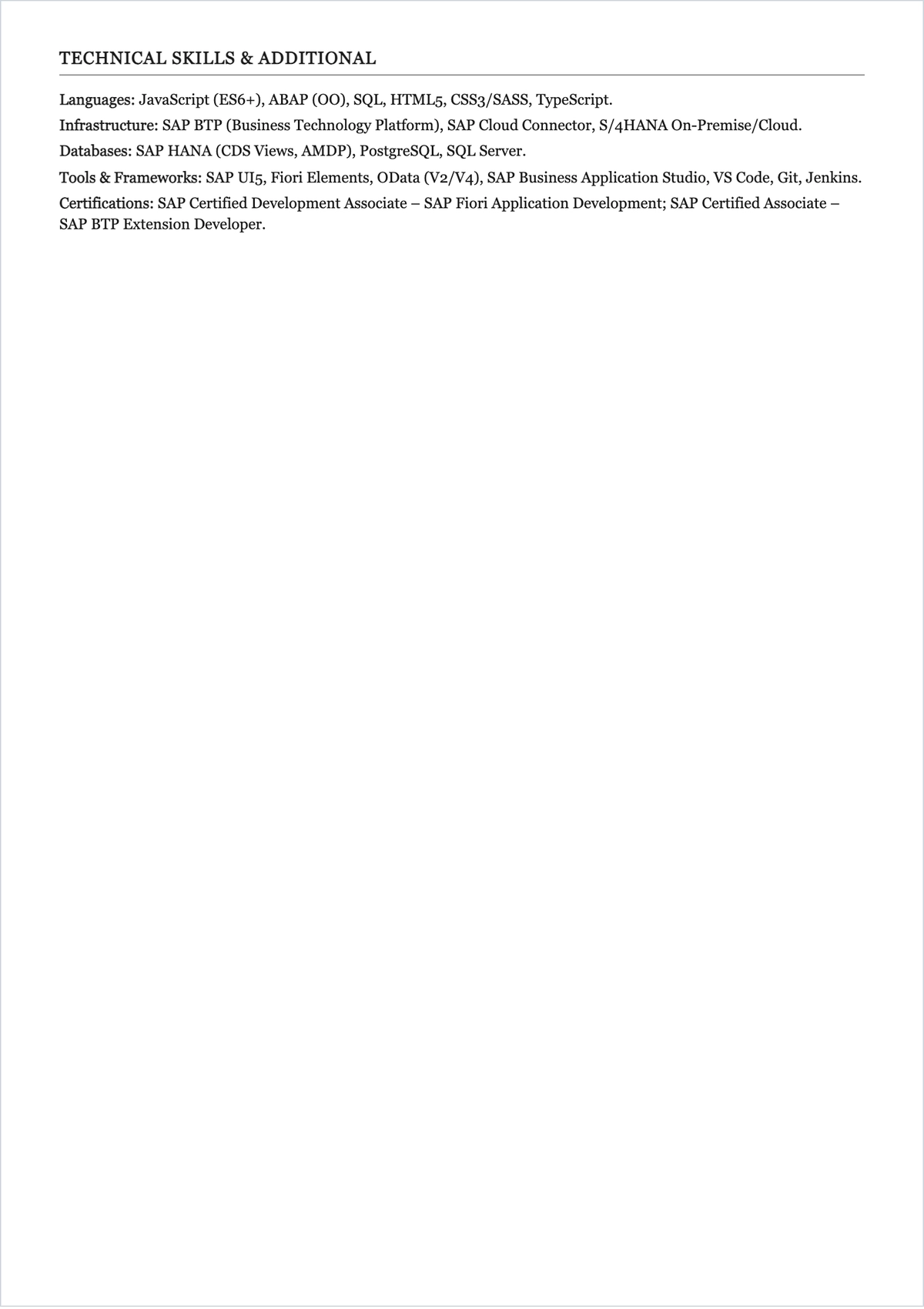 Free SAP Web Developer ATS Resume Template, AI Resume Builder
