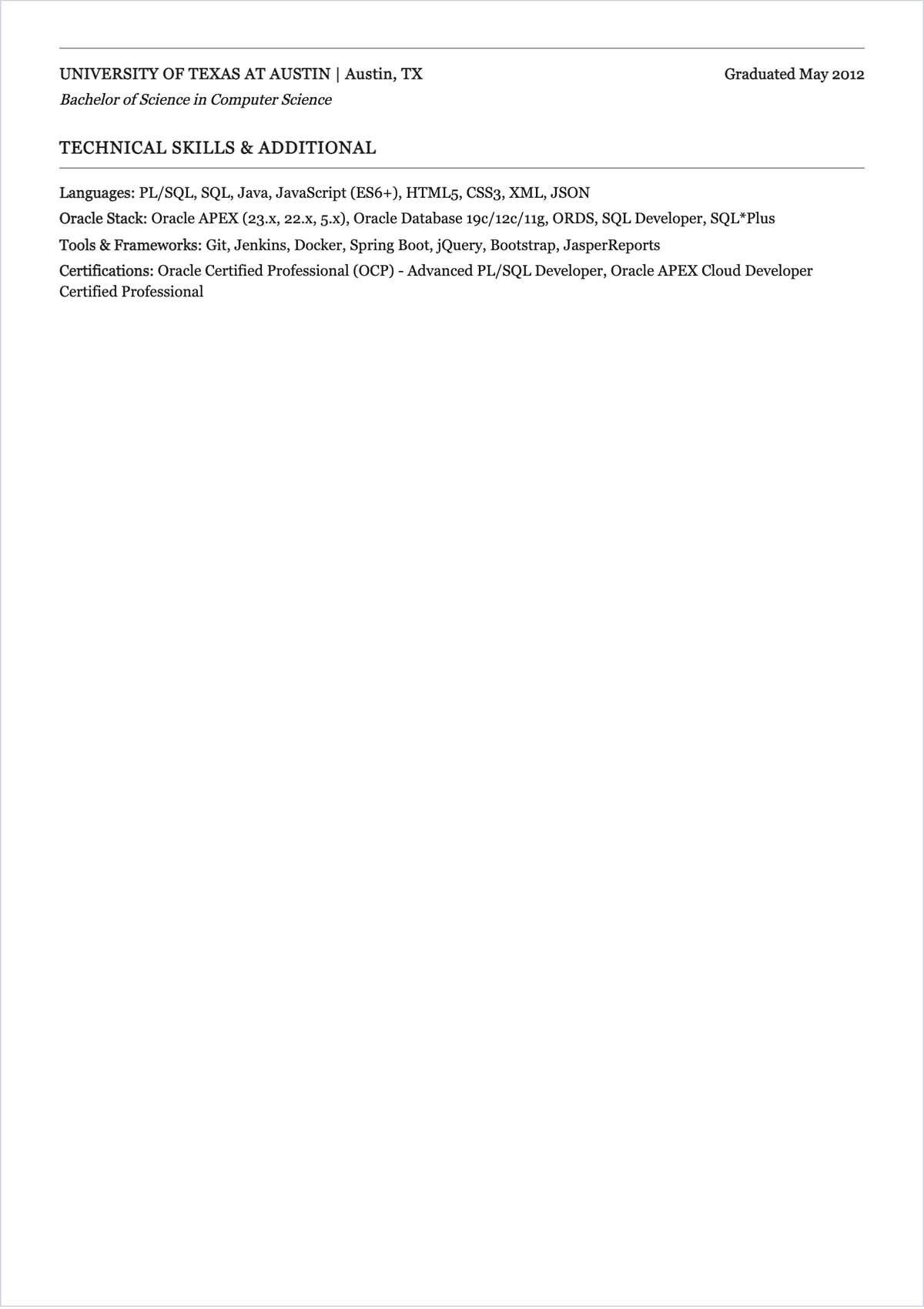 Free Senior Oracle Web Developer ATS Resume Template