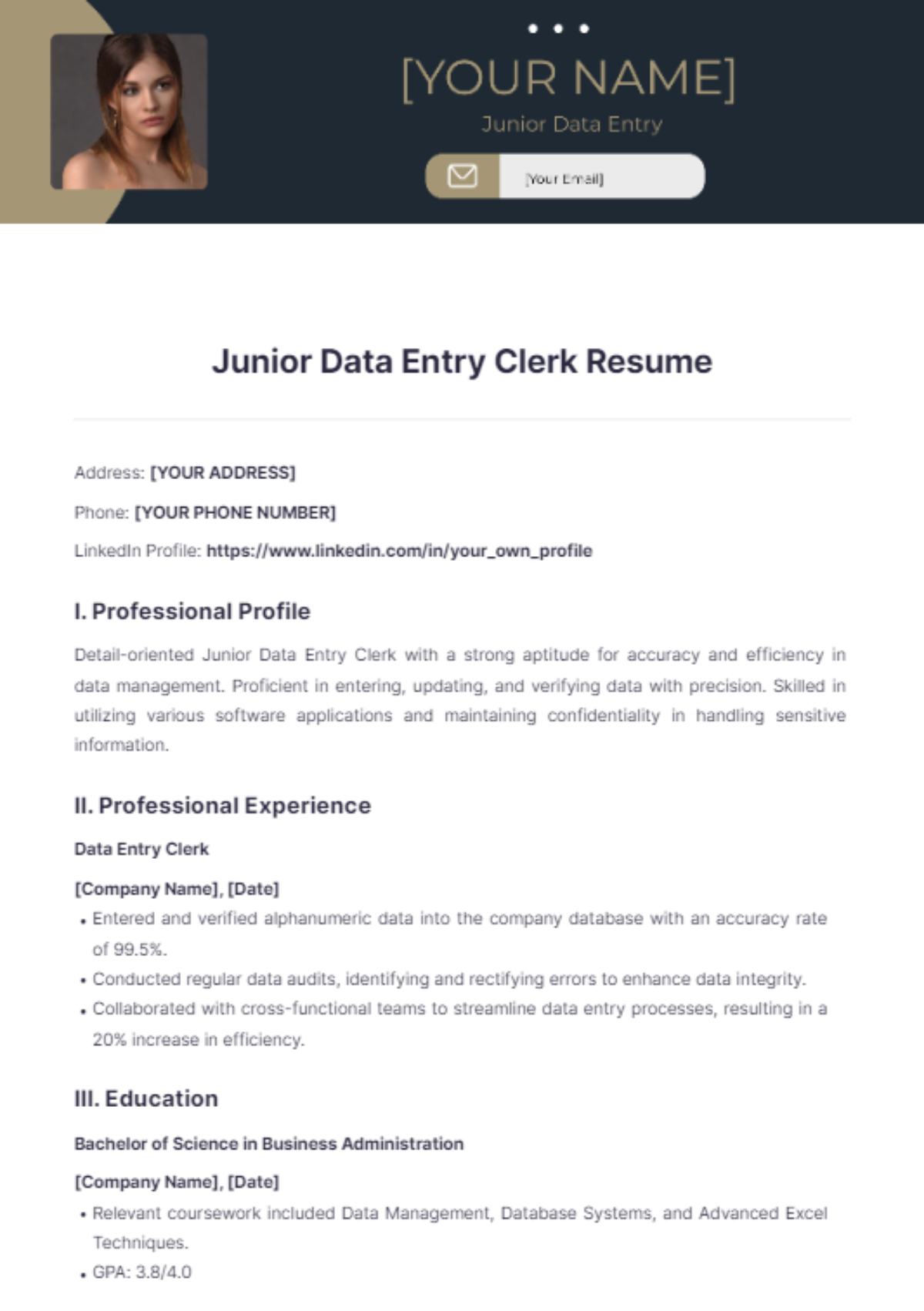 Junior Data Entry Clerk Resume - Edit Online & Download