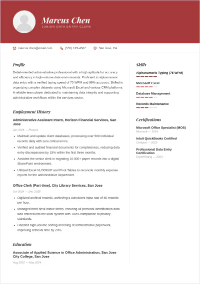 Free Junior Data Entry Clerk ATS Resume Template, AI Resume Builder