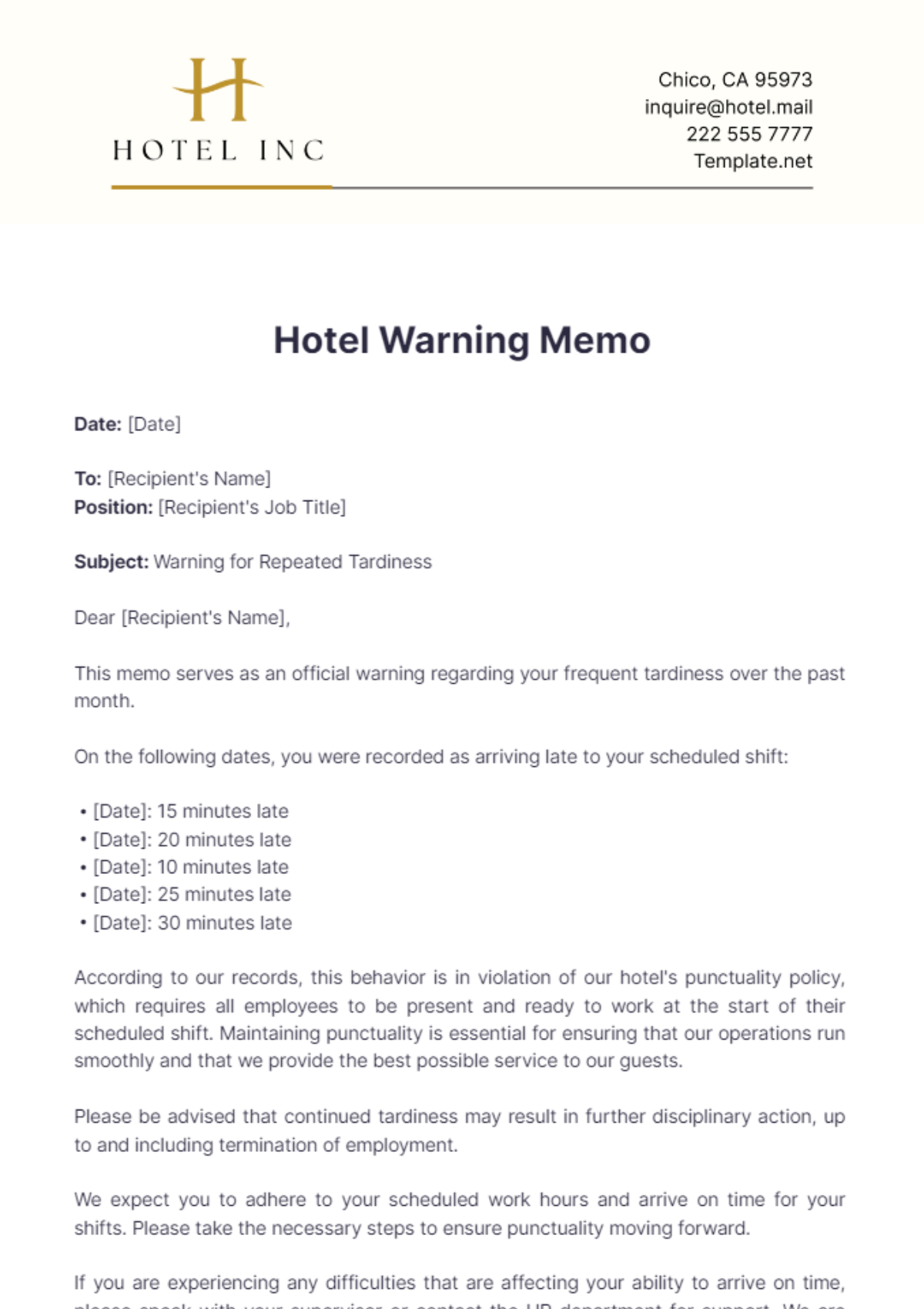 Hotel Warning Memo Template - Edit Online & Download