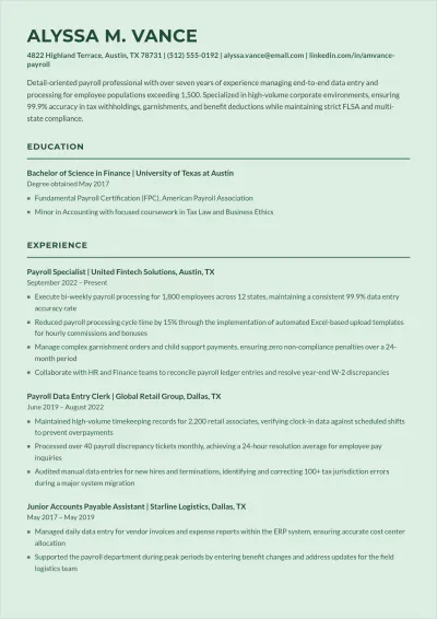 Free Payroll Data Entry ATS Resume Template, AI Resume Builder