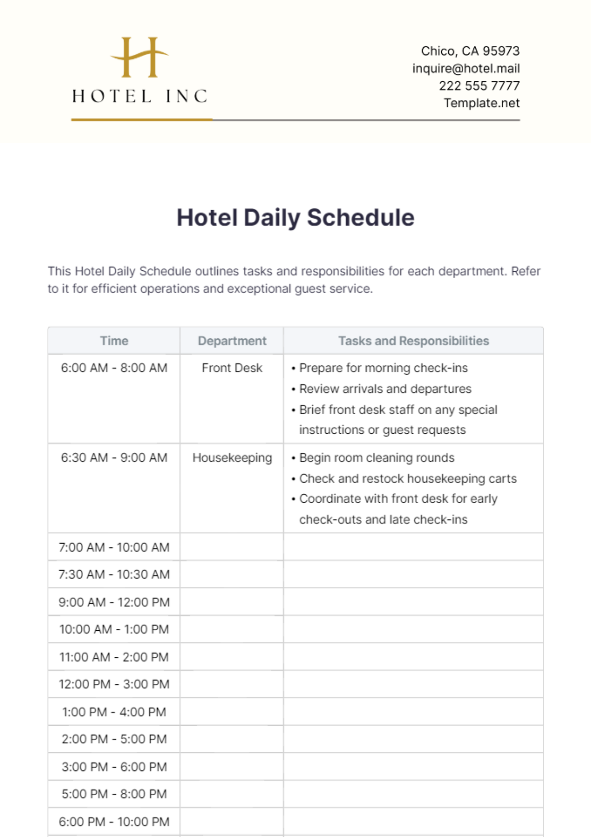 Hotel Daily Schedule Template - Edit Online & Download