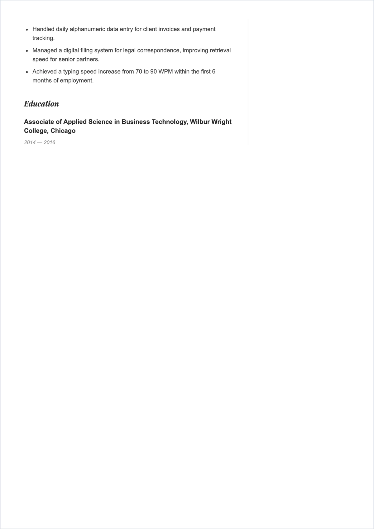 Free Part Time Data Entry ATS Resume Template, AI Resume Builder