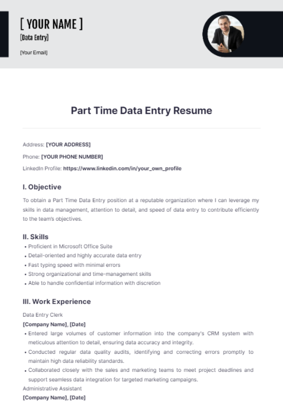 Part Time Data Entry Resume - Edit Online & Download