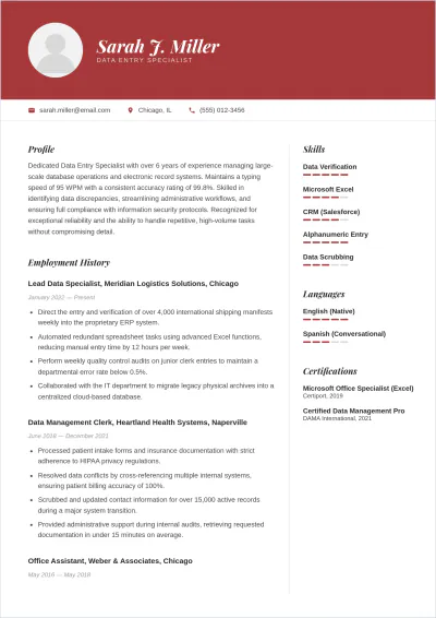 Free Part Time Data Entry ATS Resume Template, AI Resume Builder