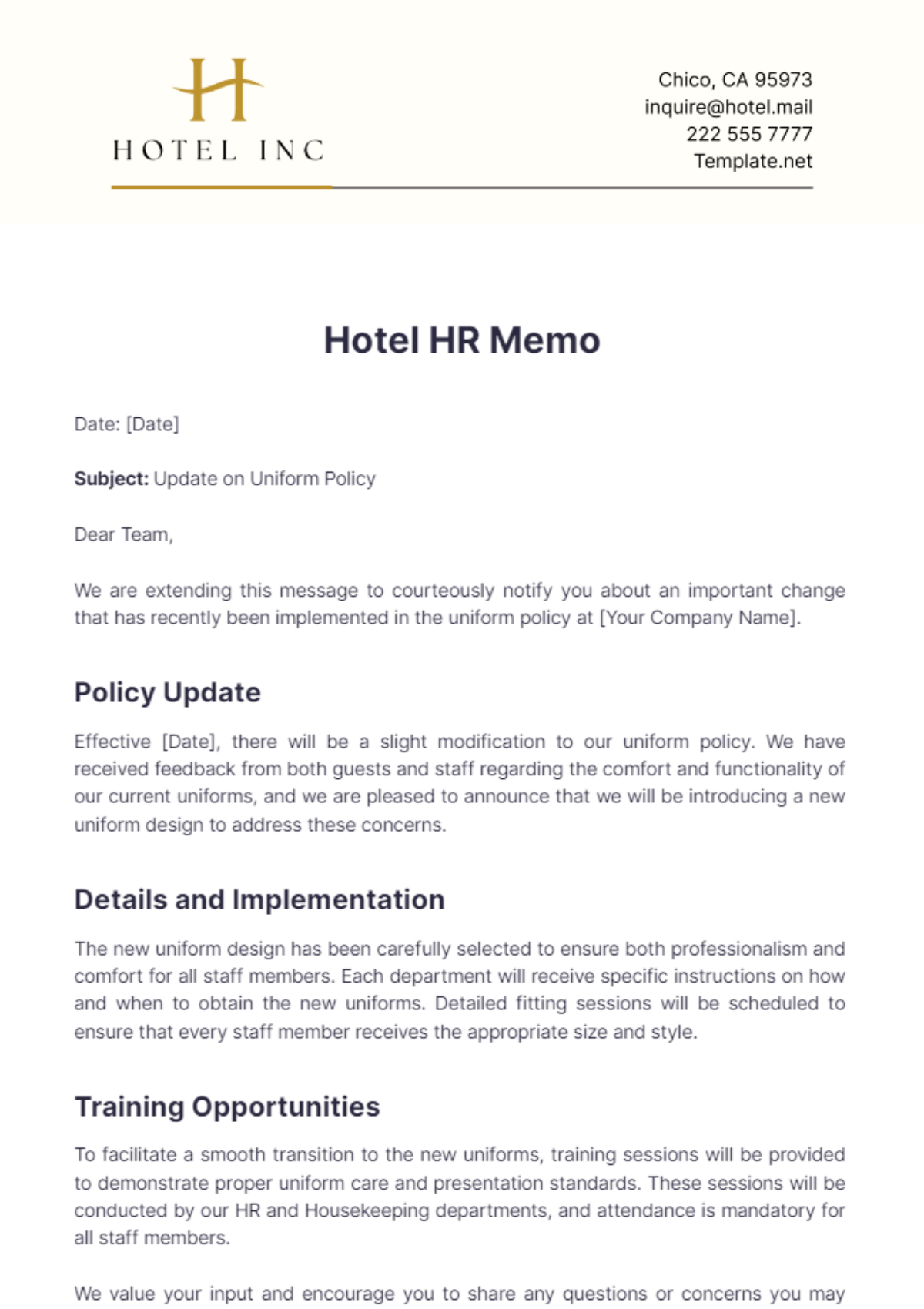 Hotel HR Memo Template - Edit Online & Download