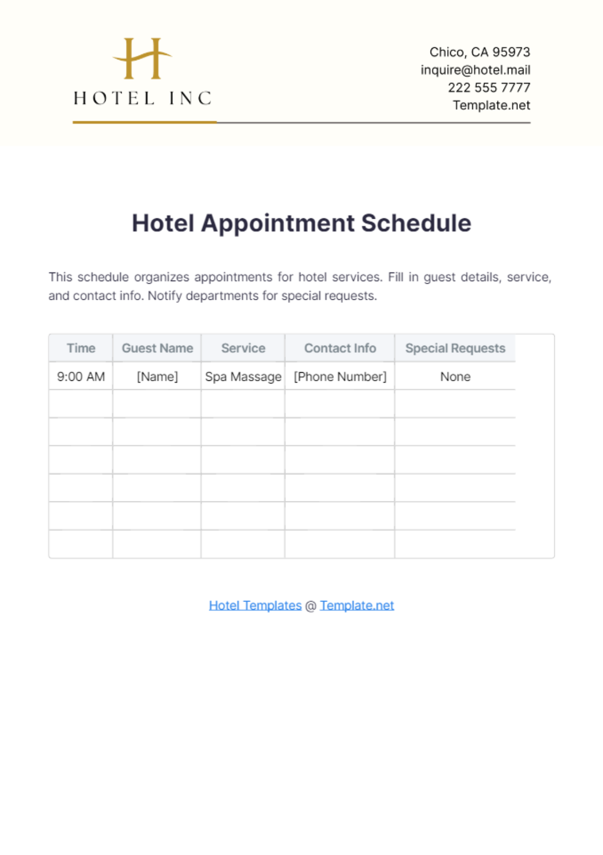 Hotel Appointment Schedule Template - Edit Online & Download