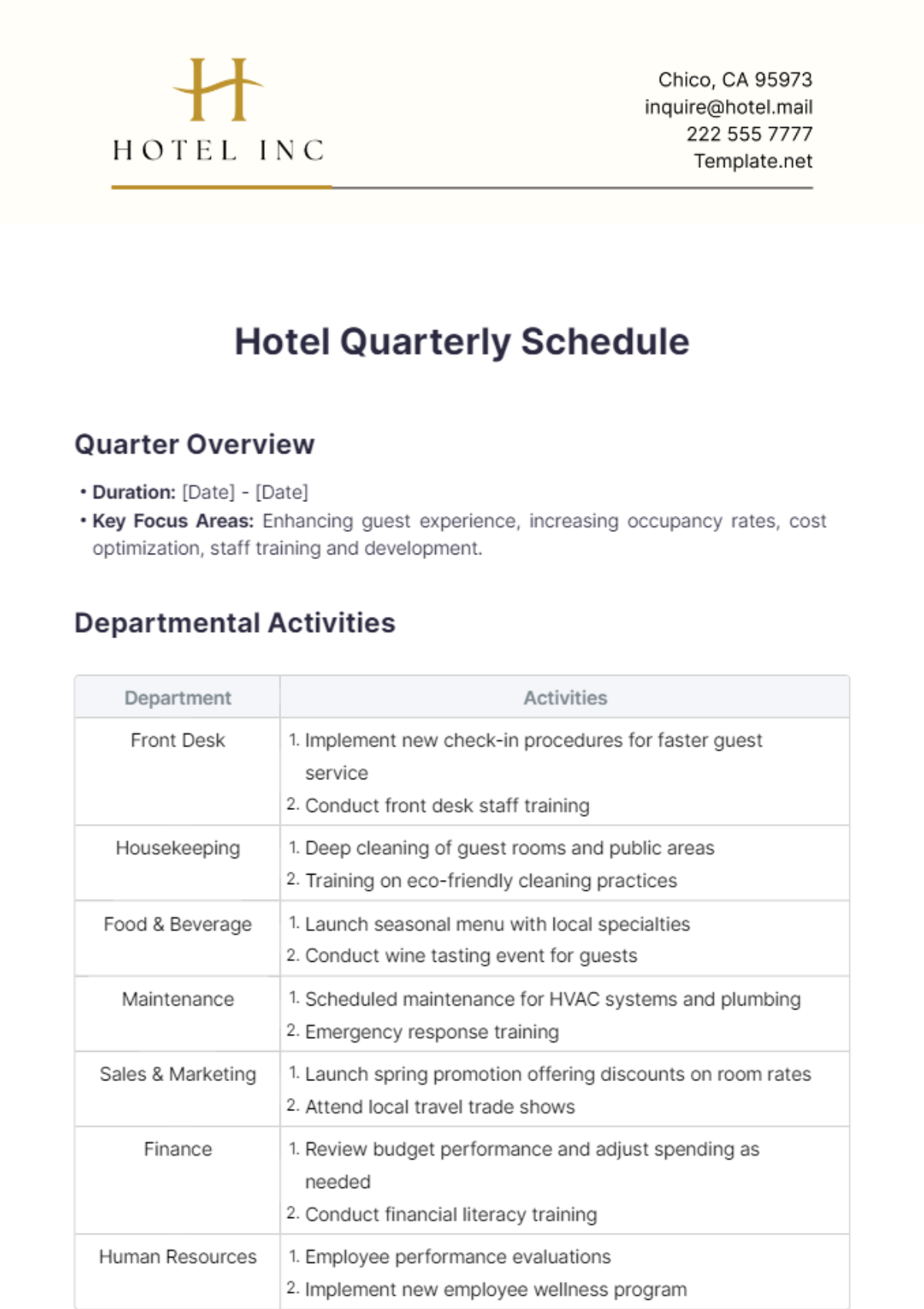 Hotel Quarterly Schedule Template - Edit Online & Download