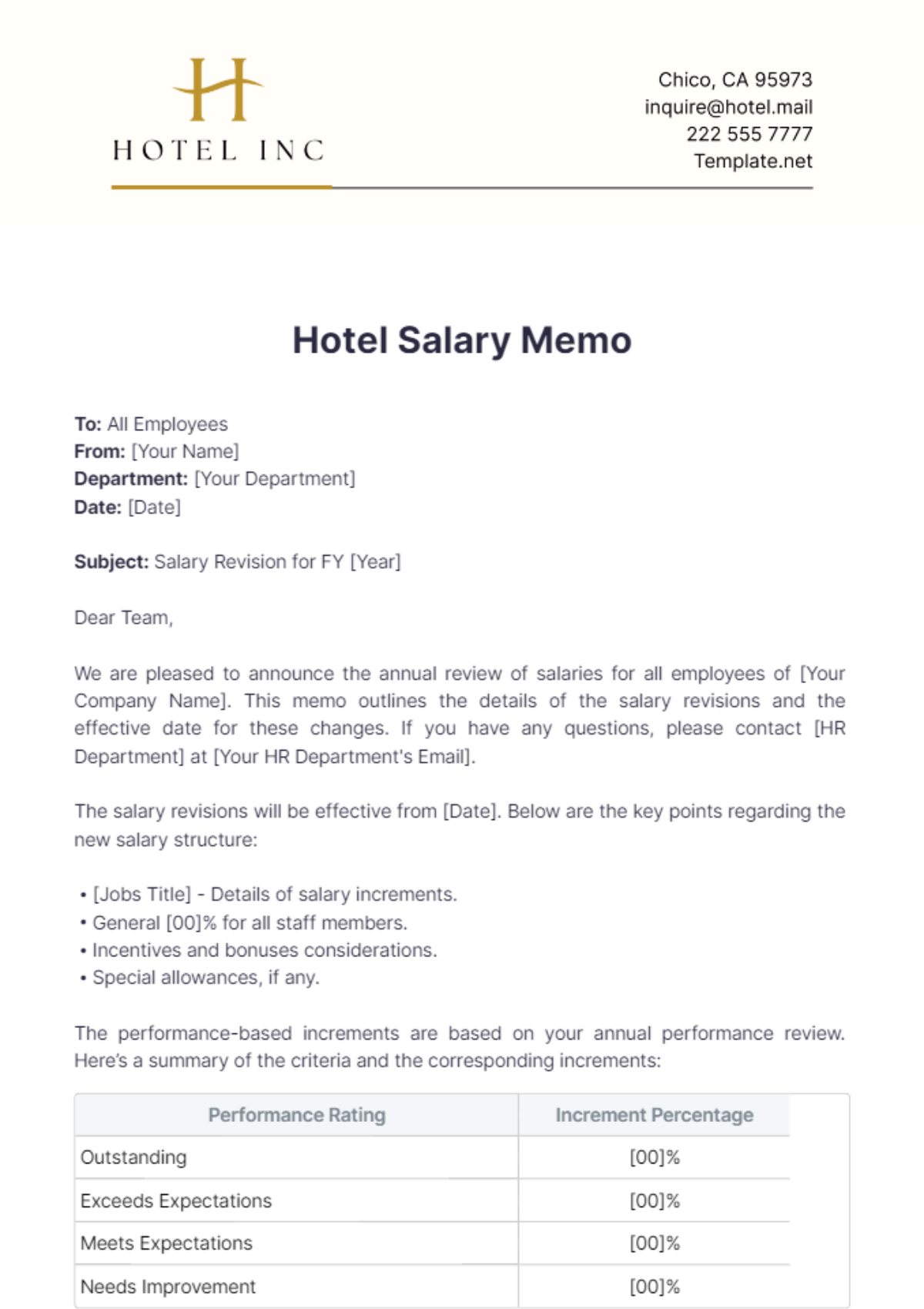 Hotel Salary Memo Template - Edit Online & Download