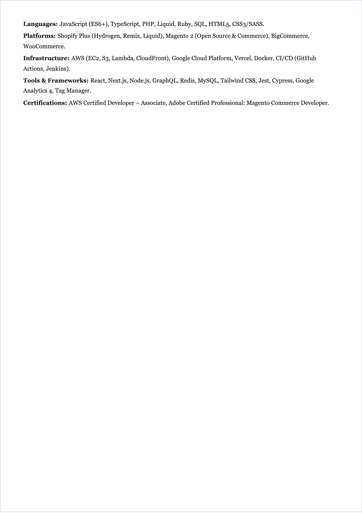 Free Ecommerce Web Developer ATS Resume Template, AI Resume Builder