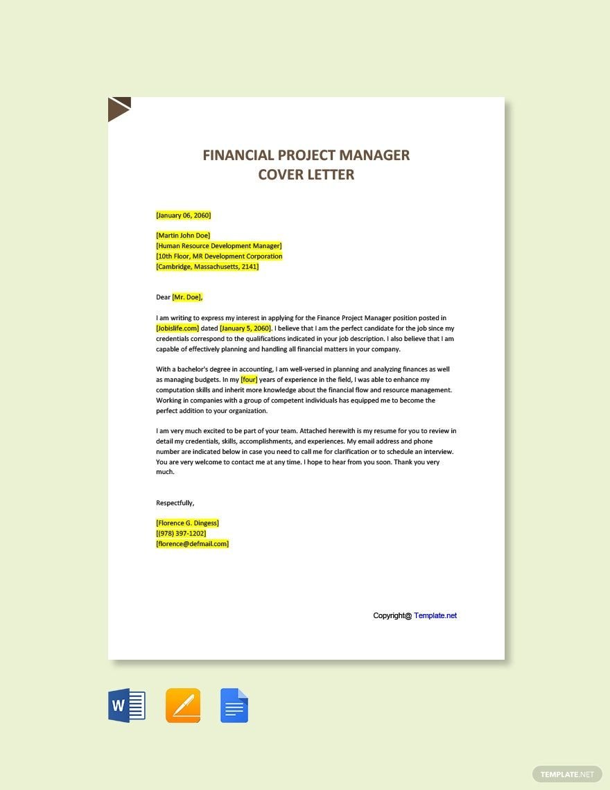 Financial Project Manager Cover Letter