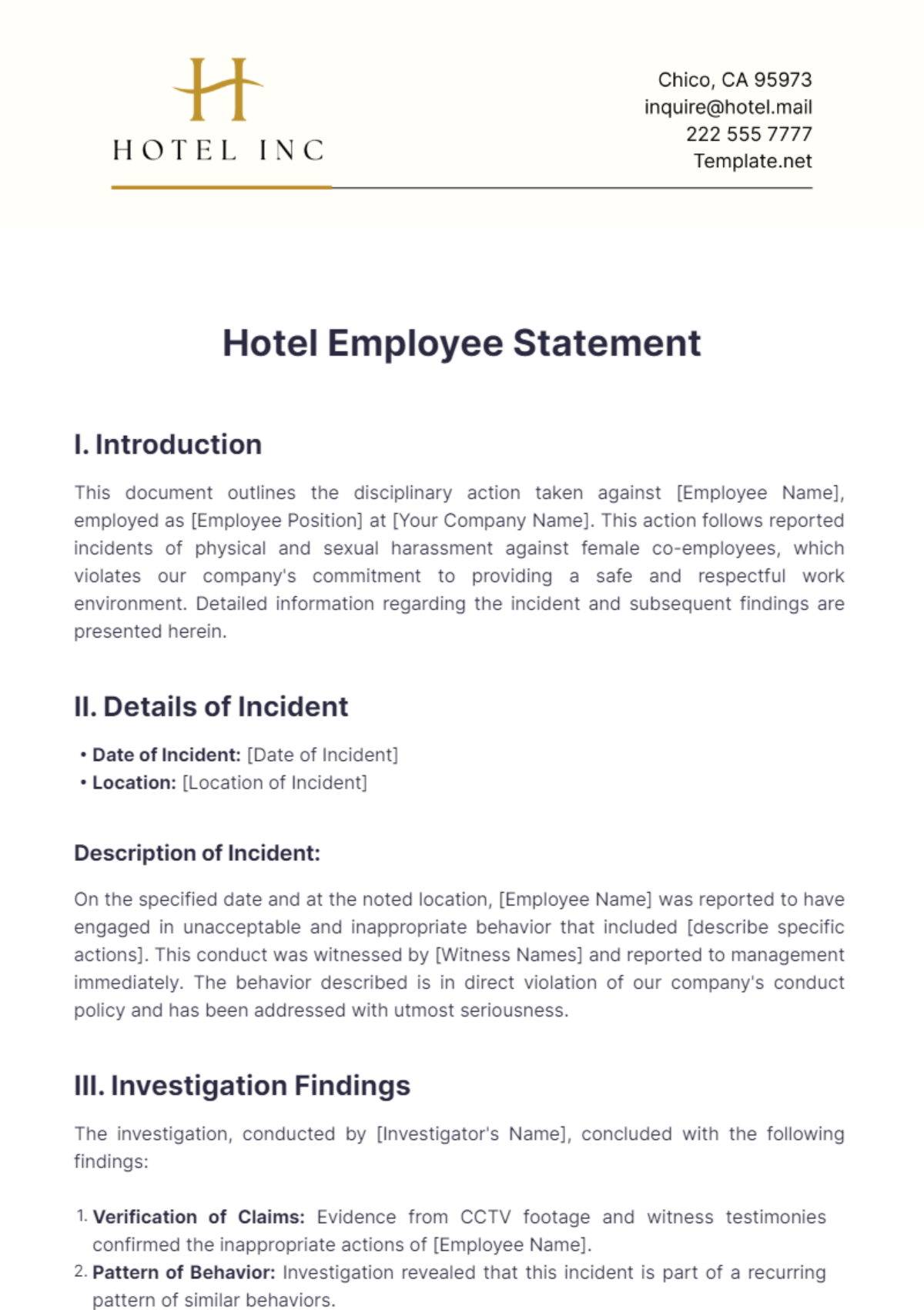 Hotel Employee Statement Template - Edit Online & Download