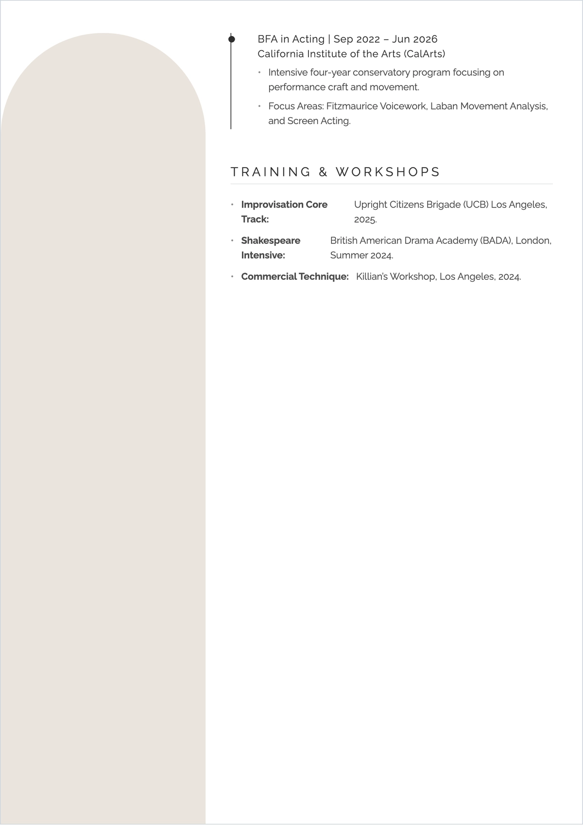 Free Entry-Level Acting ATS Resume Template, AI Resume Builder