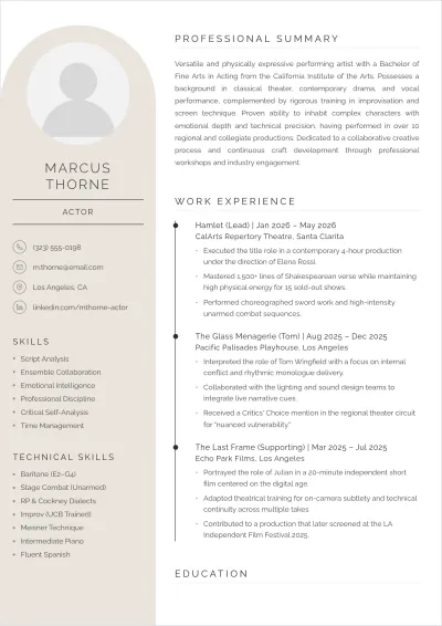 Free Entry-Level Acting ATS Resume Template, AI Resume Builder