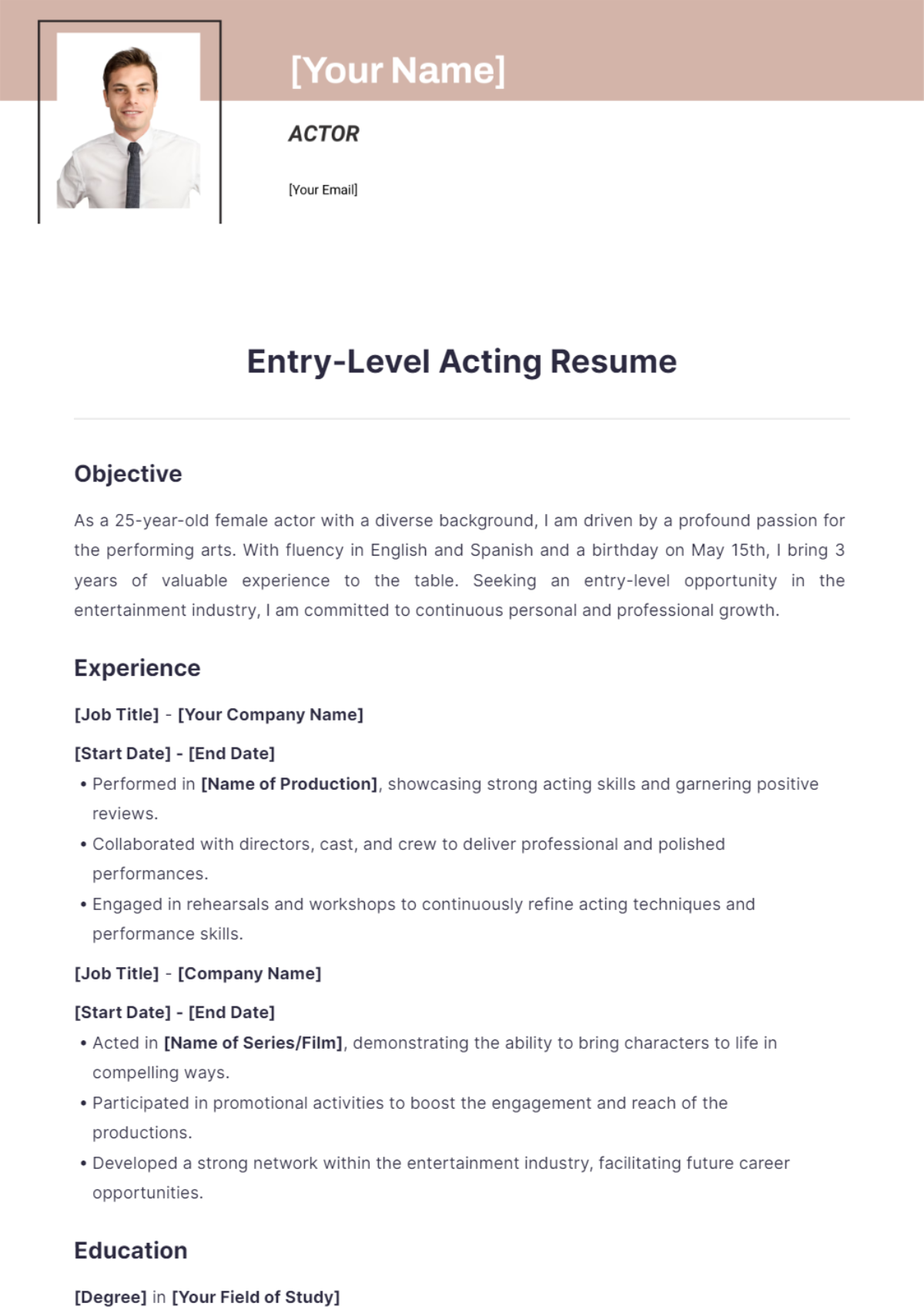 Free Entry-Level Acting Resume Template - Edit Online & Download ...