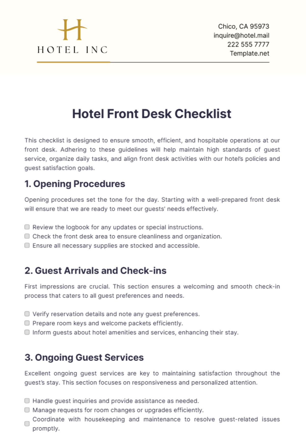 Free Hotel Front Desk Checklist Template