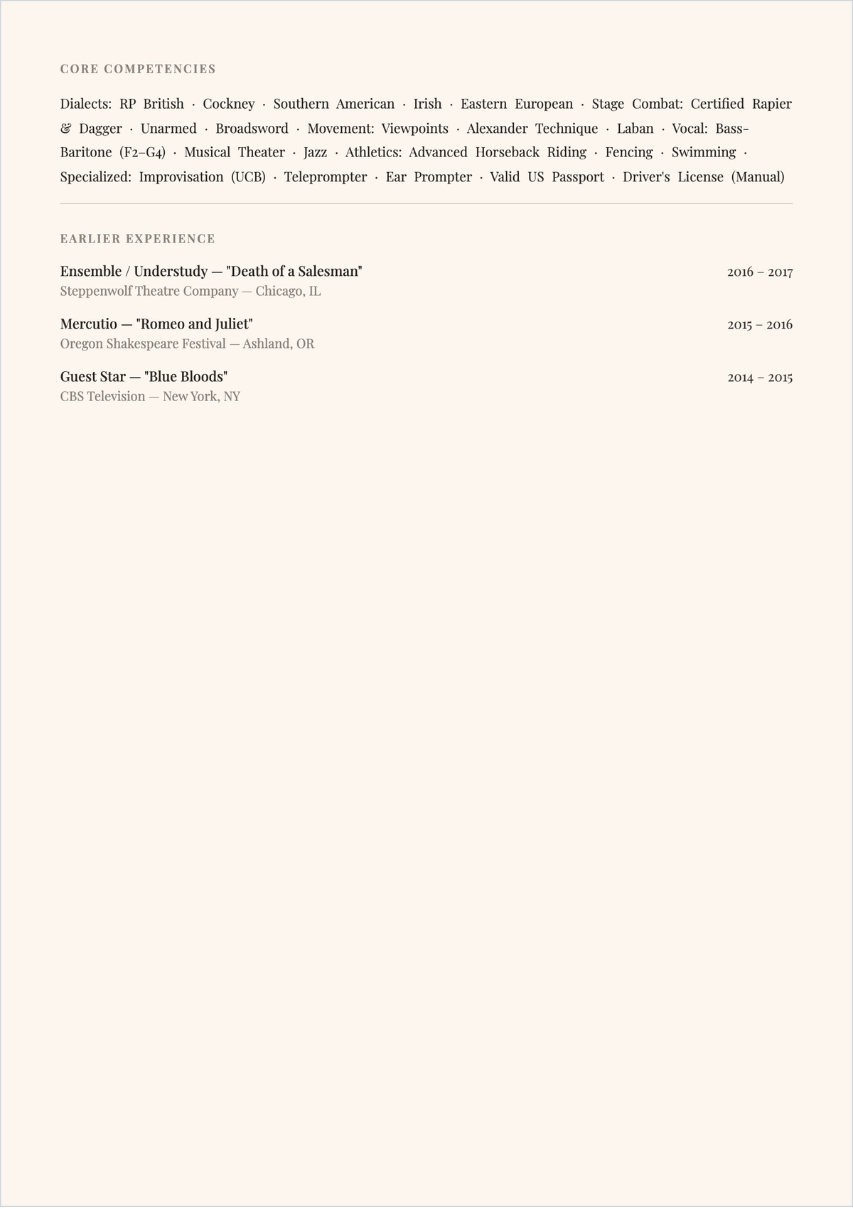 Free Experienced Acting ATS Resume Template, AI Resume Builder