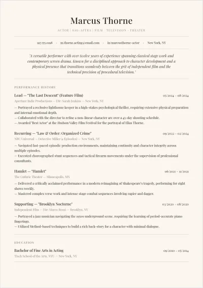 Free Experienced Acting ATS Resume Template, AI Resume Builder