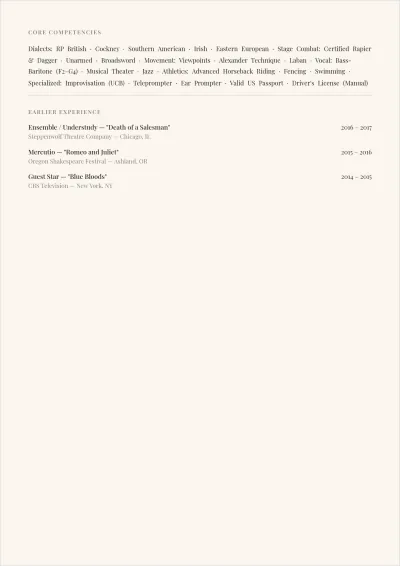Free Experienced Acting ATS Resume Template, AI Resume Builder