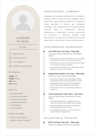 Free Beginner Acting ATS Resume Template, AI Resume Builder
