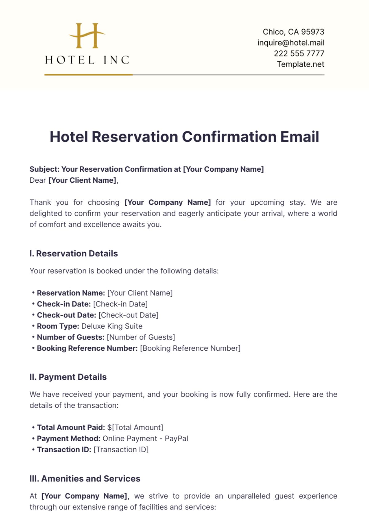 Hotel Reservation Confirmation Email Template - Edit Online & Download