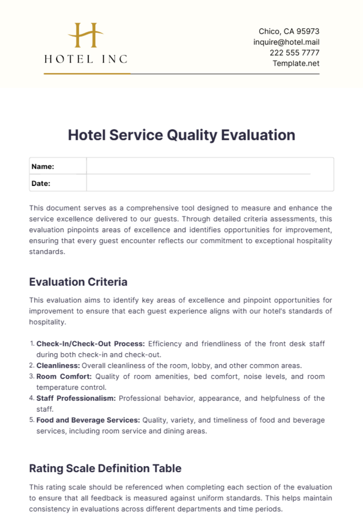 Hotel Service Quality Evaluation Template - Edit Online & Download