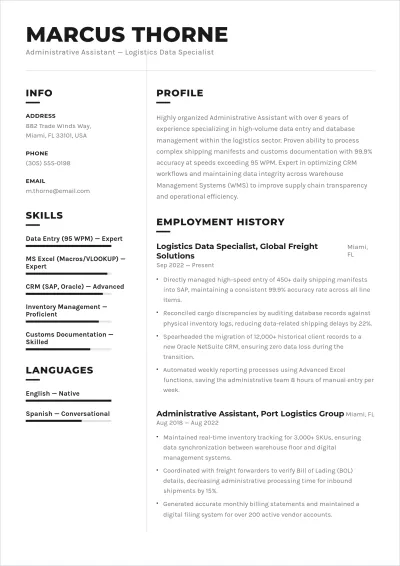 Free Administrative Assistant Data Entry ATS Resume Template