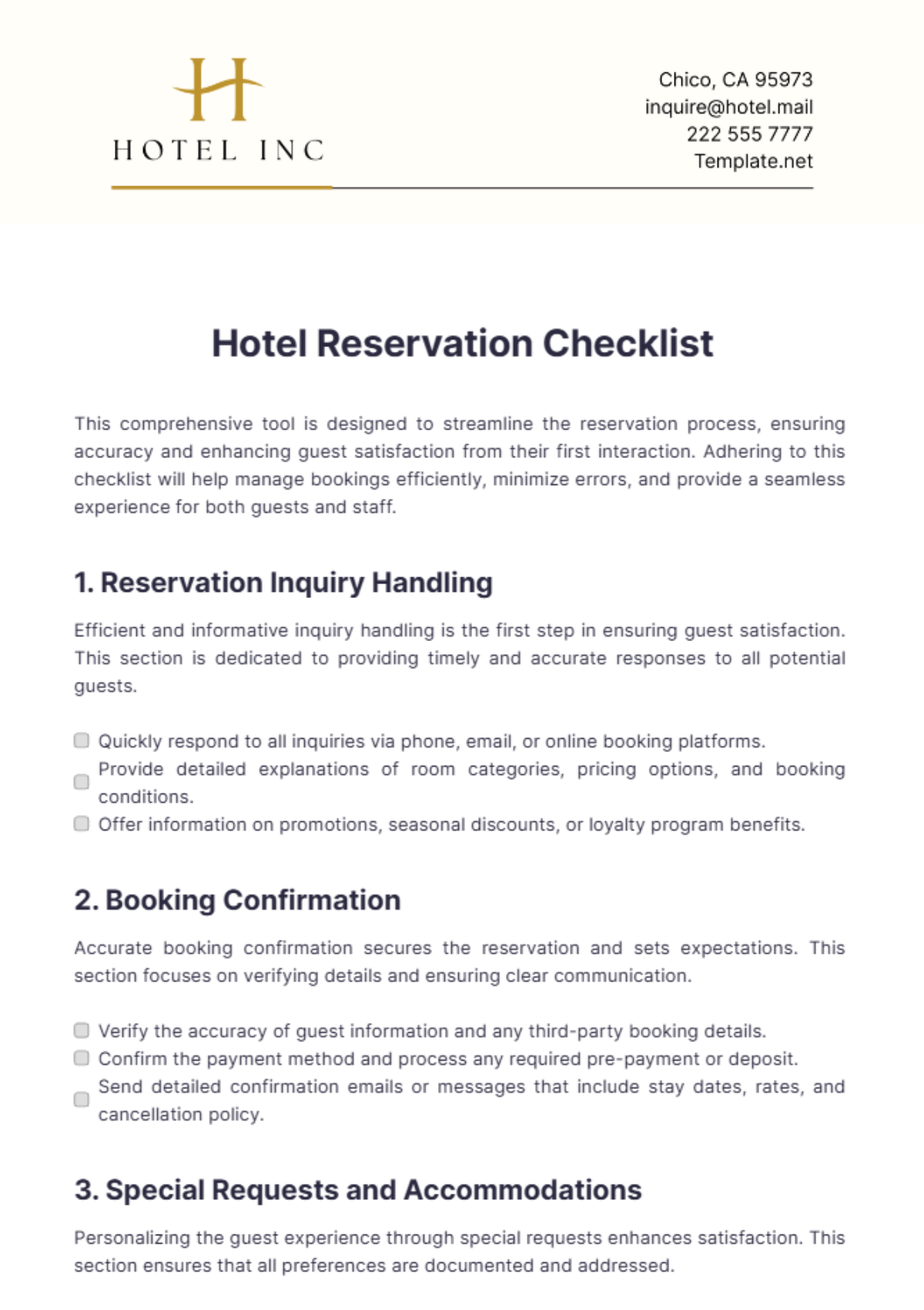 Free Hotel Reservation Checklist Template