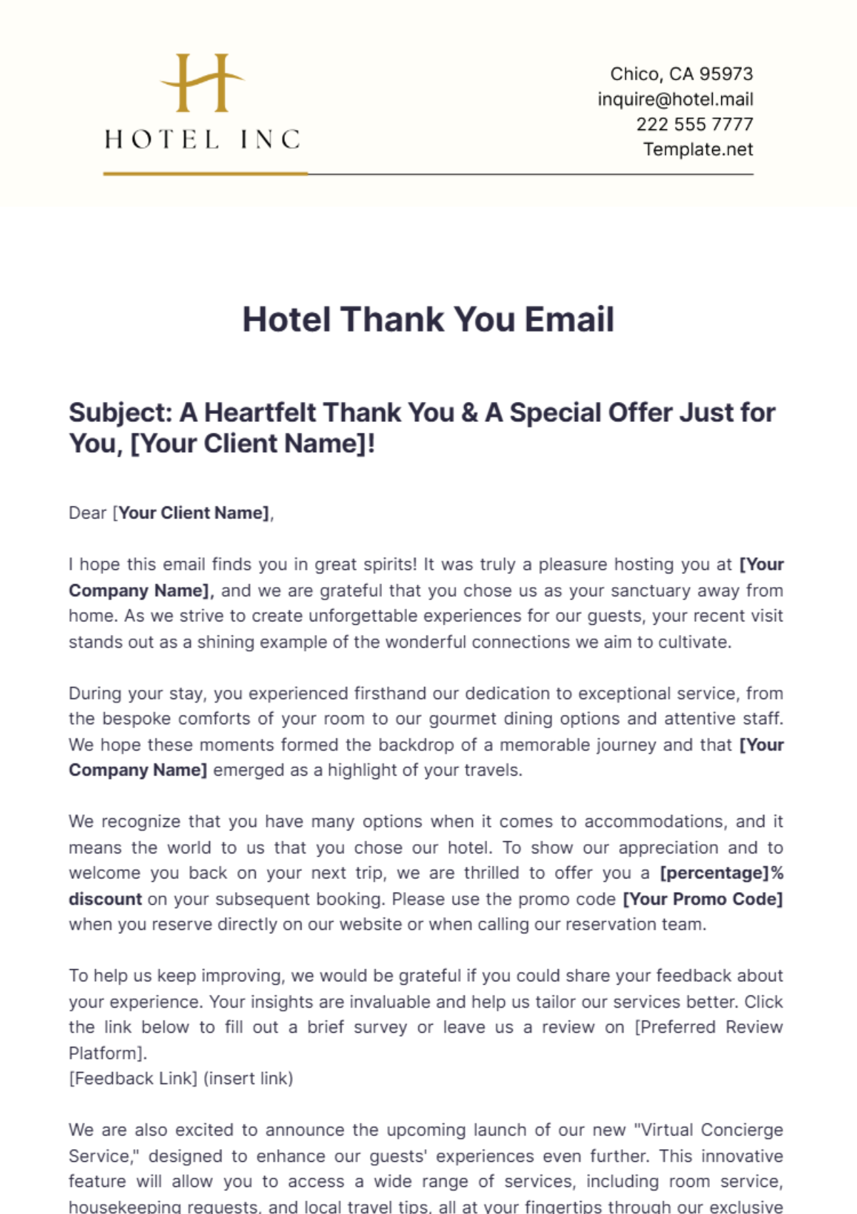 Free Hotel Thank You Email Template to Edit Online