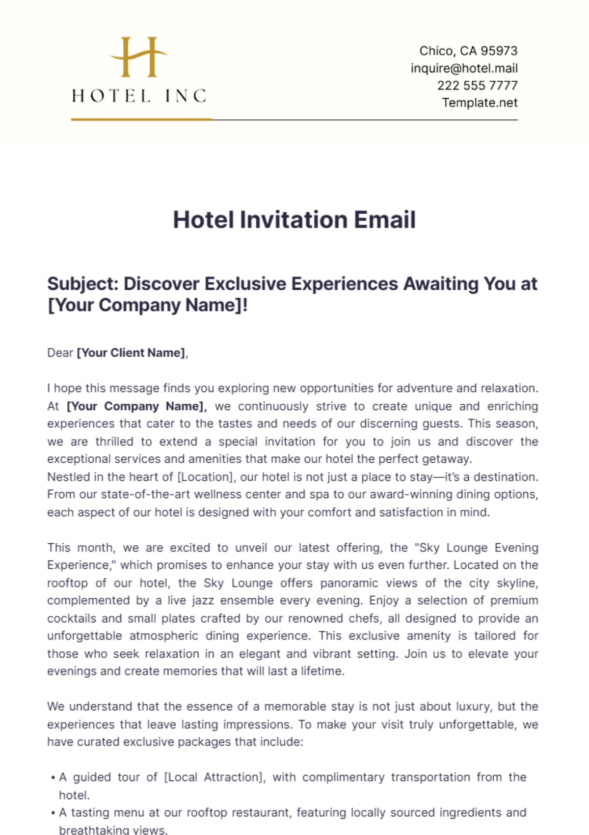 Hotel Invitation Email Template - Edit Online & Download