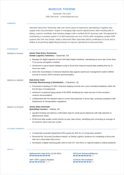 Free Data Entry Technician ATS Resume Template, AI Resume Builder