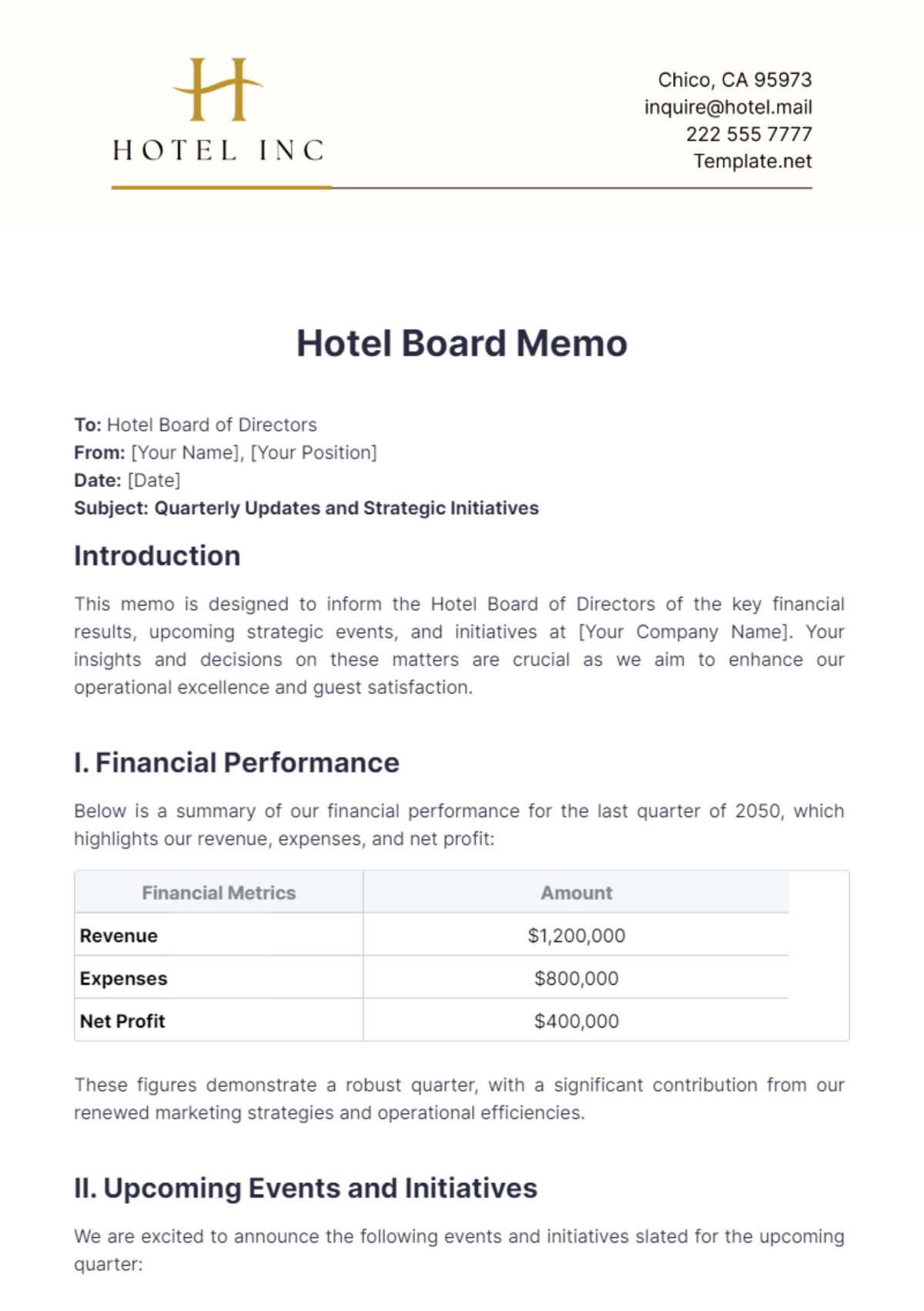 Hotel Board Memo Template - Edit Online & Download