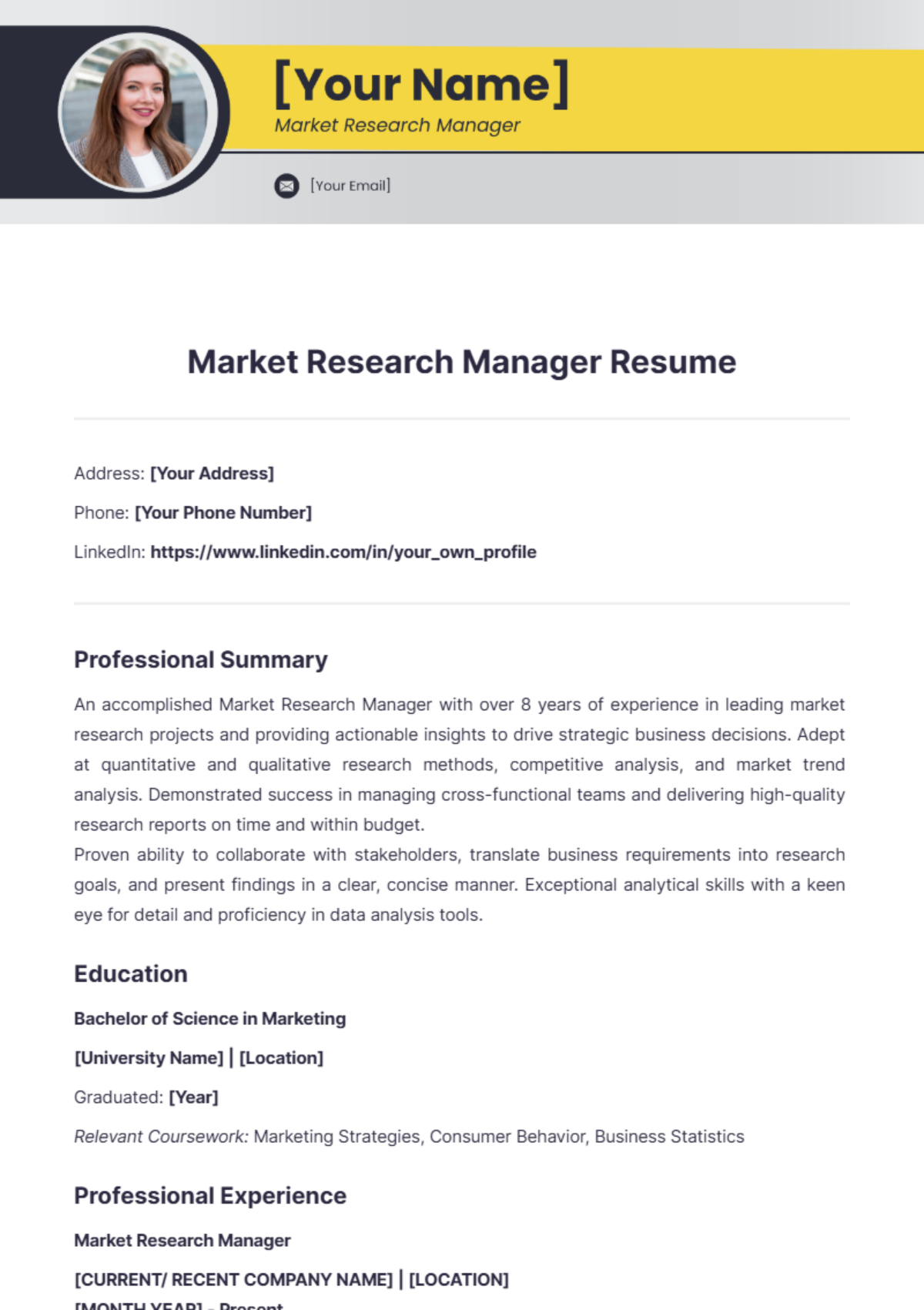 Market Research Manager Resume - Edit Online & Download