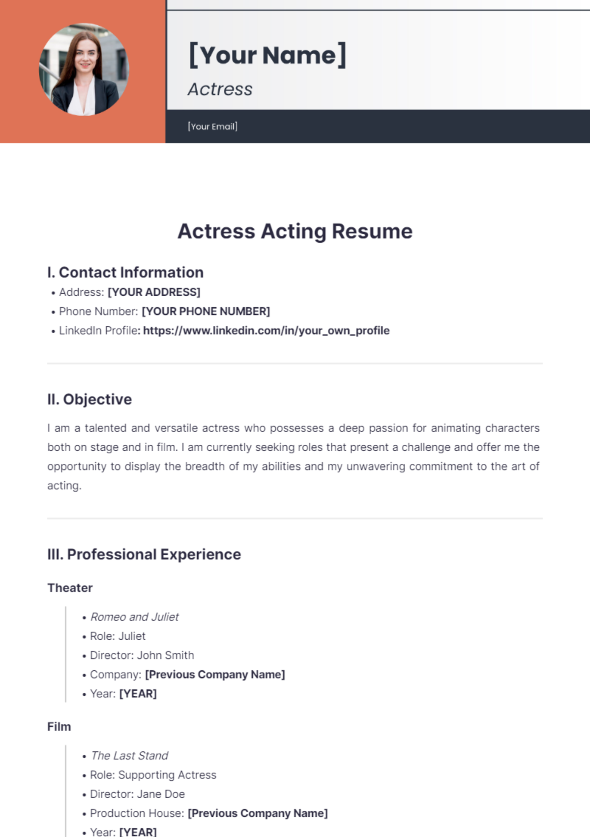 Actress Acting Resume - Edit Online & Download