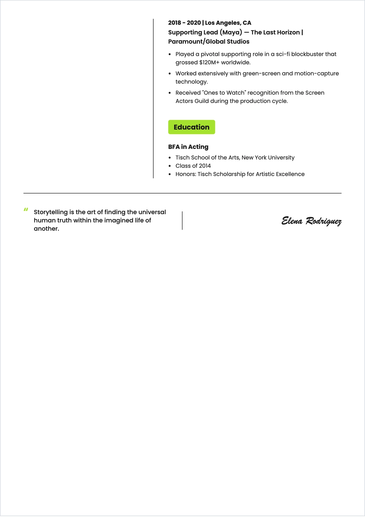 Free Actress Acting ATS Resume Template, AI Resume Builder